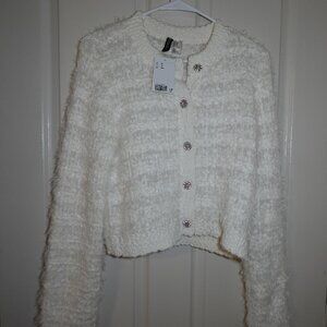 H&M White Fuzzy Cardigan Sweater w/ Rhinestone Buttons | NWT | Size XS
